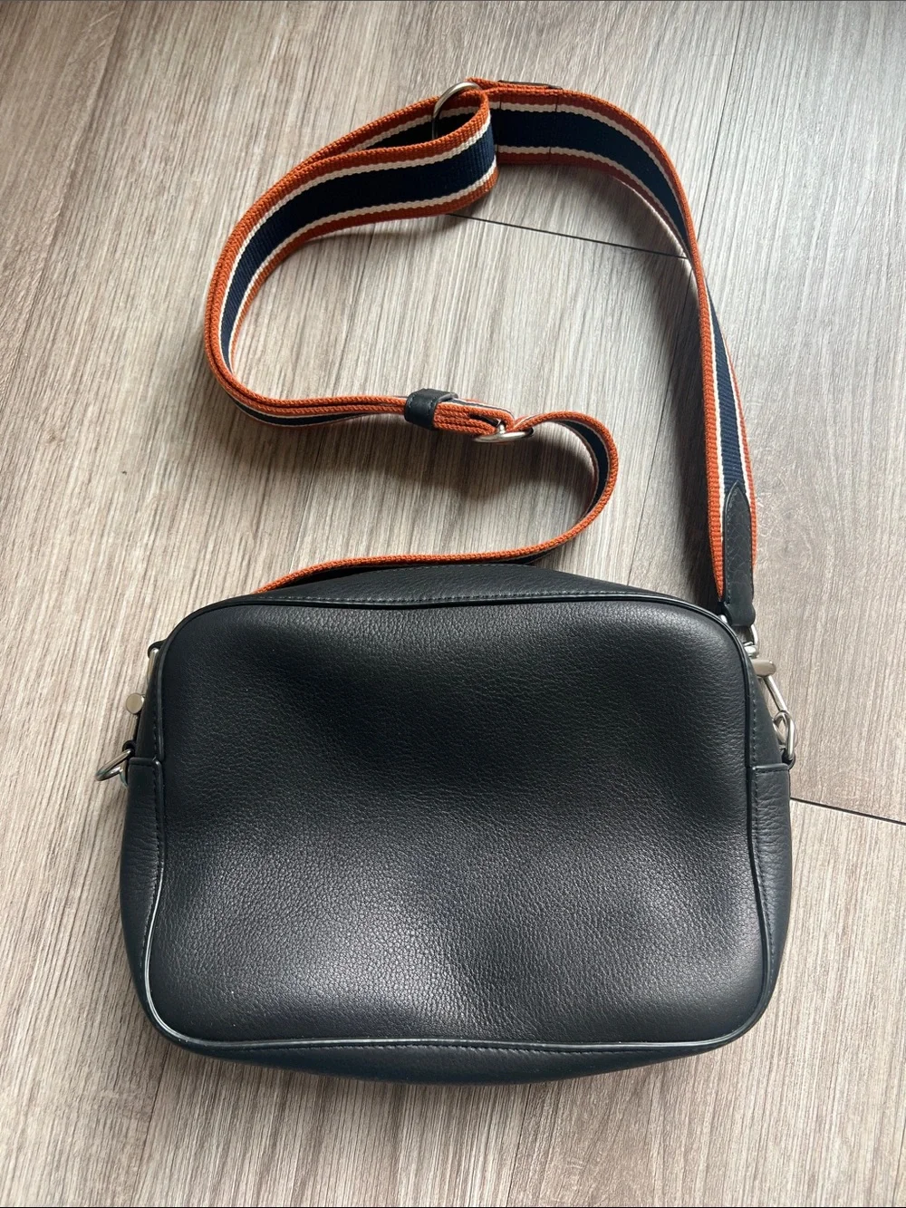 Shinola Camera Crossbody Bag Black with Navy, White & Rust Strap